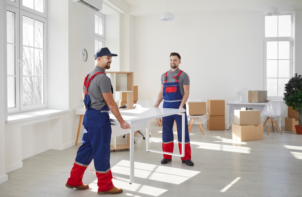 Professional movers carrying furniture in a bright home